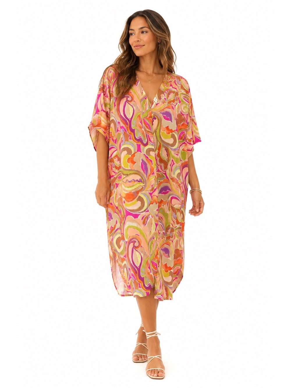 Easel Los Angeles NWT Abstract Print Midi Dress SZ L V-Neck Boho Resort Vacation